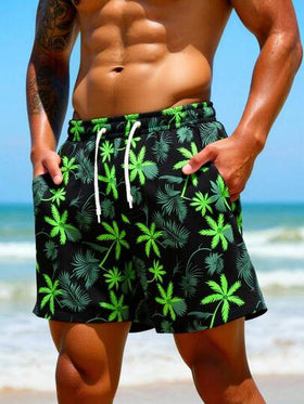 Manfinity Swimmode شورت شاطئ للرجال بخصر رباط وجيوب بطبعة أشجار النخيل