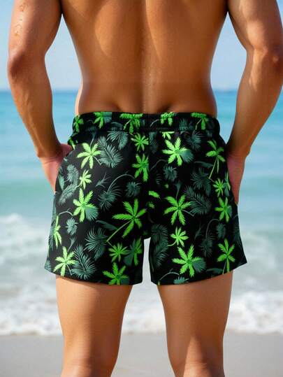 Manfinity Swimmode شورت شاطئ للرجال بخصر رباط وجيوب بطبعة أشجار النخيل