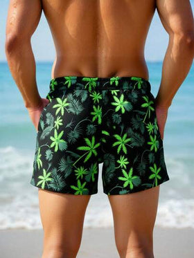 Manfinity Swimmode شورت شاطئ للرجال بخصر رباط وجيوب بطبعة أشجار النخيل