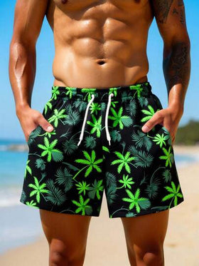 Manfinity Swimmode شورت شاطئ للرجال بخصر رباط وجيوب بطبعة أشجار النخيل
