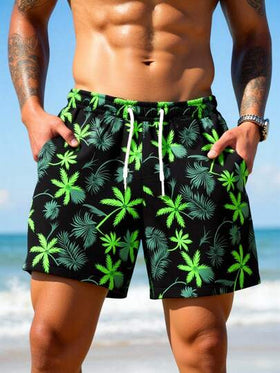 Manfinity Swimmode شورت شاطئ للرجال بخصر رباط وجيوب بطبعة أشجار النخيل