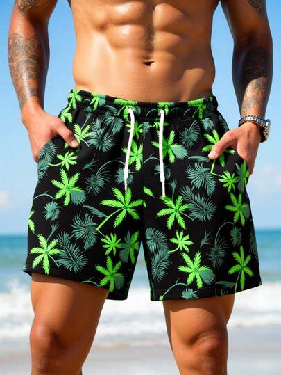 Manfinity Swimmode شورت شاطئ للرجال بخصر رباط وجيوب بطبعة أشجار النخيل