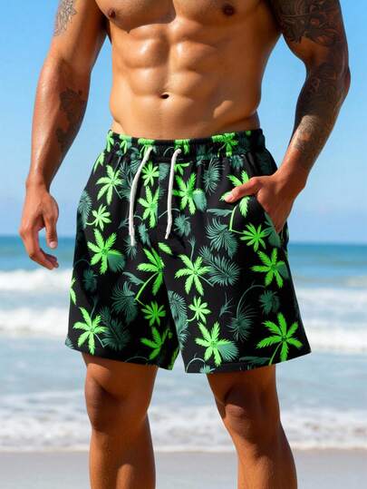 Manfinity Swimmode شورت شاطئ للرجال بخصر رباط وجيوب بطبعة أشجار النخيل