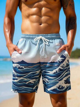 Manfinity Swimmode شورت كاجوال متعدد الاستخدامات للشاطئ مع خصر مرن وجيوب، مطبوع بطباعة المناظر الطبيعية
