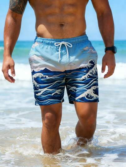 Manfinity Swimmode شورت كاجوال متعدد الاستخدامات للشاطئ مع خصر مرن وجيوب، مطبوع بطباعة المناظر الطبيعية