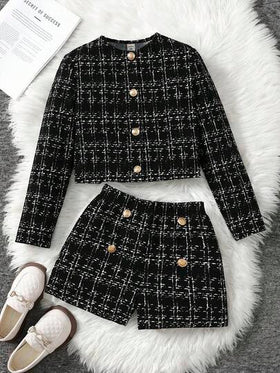 SHEIN طقم جاكيت وشورت بأكمام طويلة بطراز شيك حضري للفتيات المراهقات