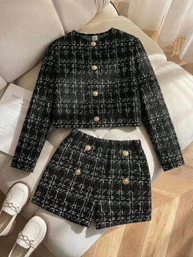 SHEIN طقم جاكيت وشورت بأكمام طويلة بطراز شيك حضري للفتيات المراهقات