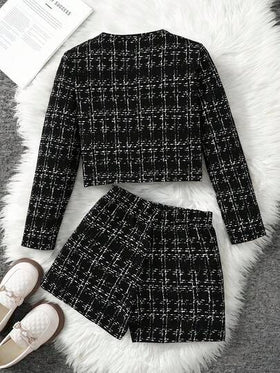 SHEIN طقم جاكيت وشورت بأكمام طويلة بطراز شيك حضري للفتيات المراهقات