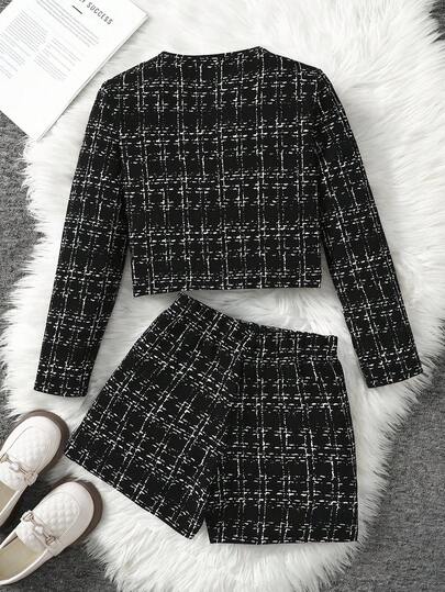 SHEIN طقم جاكيت وشورت بأكمام طويلة بطراز شيك حضري للفتيات المراهقات