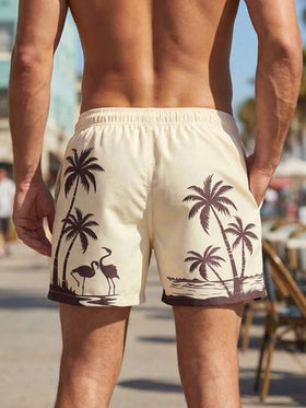 Manfinity Swimmode شورت رجالي بخصر مرن وجيوب بطبعة أشجار جوز الهند، متعدد الاستخدامات للاستخدام اليومي والشاطئ