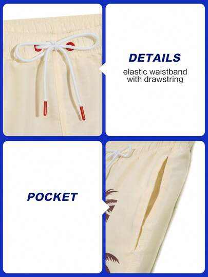 Manfinity Swimmode شورت رجالي بخصر مرن وجيوب بطبعة أشجار جوز الهند، متعدد الاستخدامات للاستخدام اليومي والشاطئ