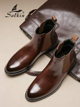 Salkin بوت تشيلسي الرجالية الفاخرة بتصميم الكاحل متوسط الارتفاع، من الجلد الطبيعي الناعم، بتصميم رأس مدبب، مناسبة للأعمال الرسمية والمناسبات الكاجوال، هدية رومانسية لعشاء الزوجين، وأحذية للطلاب في المدرسة والكلية، ننصح باختيار مقاس أكبر بمقدار مقاس واحد