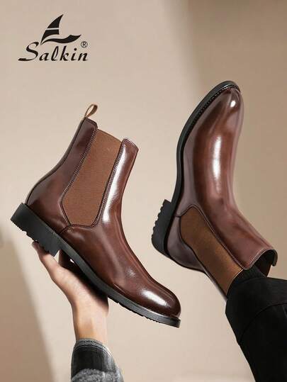 Salkin بوت تشيلسي الرجالية الفاخرة بتصميم الكاحل متوسط الارتفاع، من الجلد الطبيعي الناعم، بتصميم رأس مدبب، مناسبة للأعمال الرسمية والمناسبات الكاجوال، هدية رومانسية لعشاء الزوجين، وأحذية للطلاب في المدرسة والكلية، ننصح باختيار مقاس أكبر بمقدار مقاس واحد