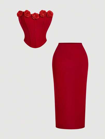 SHEIN MOD طقم ملابس علوية وتنورة عصري بتصميم أنيق من لون واحد ومزخرف بالزهور، مناسب للصيف وعيد الحب والمواعيد