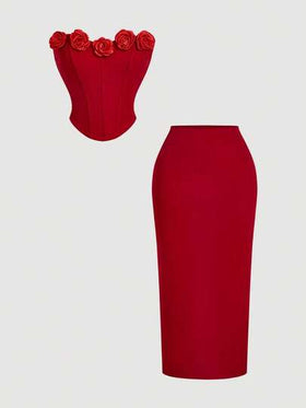 SHEIN MOD طقم ملابس علوية وتنورة عصري بتصميم أنيق من لون واحد ومزخرف بالزهور، مناسب للصيف وعيد الحب والمواعيد