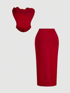 SHEIN MOD طقم ملابس علوية وتنورة عصري بتصميم أنيق من لون واحد ومزخرف بالزهور، مناسب للصيف وعيد الحب والمواعيد