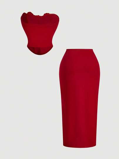 SHEIN MOD طقم ملابس علوية وتنورة عصري بتصميم أنيق من لون واحد ومزخرف بالزهور، مناسب للصيف وعيد الحب والمواعيد