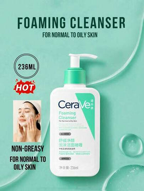 CeraVe منظف وجه رغوي مهدئ ومنقي، مناسب للبشرة العادية إلى الدهنية، متوفر بأحجام 30/88/236 مل، يتحكم في الزيوت ويصلح حاجز البشرة، يحتوي على أحماض أمينية متكاملة وثلاثي السيراميد والنياسيناميد وهيالورونات الصوديوم، خالي من مواد مهيجة، تنظيف يومي لطيف.