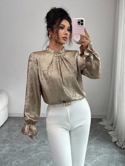 Elenzga بلوزة نسائية أنيقة للتنقل، بياقة طاقم وأكمام واسعة، مزينة بالدانتيل الذهبي الزهري، وأزرار اللؤلؤ، مناسبة للربيع والخريف