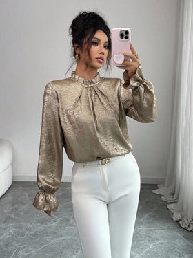 Elenzga بلوزة نسائية أنيقة للتنقل، بياقة طاقم وأكمام واسعة، مزينة بالدانتيل الذهبي الزهري، وأزرار اللؤلؤ، مناسبة للربيع والخريف