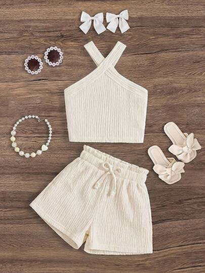 Emery Rose Kids Emery Rose Kids طقم ملابس علوية بدون أكمام وشورت من اللون الأحادي مُحبوك للفتيات الصغيرات، قطعتان