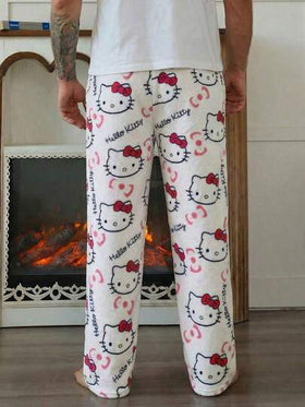 SANRIO بنطلون بيجاما رجالي أسود السفلي مع طبعة هالو كيتي، ساندريو ذو ساق مستقيمة لتنكر الأنمي، للخريف/الشتاء