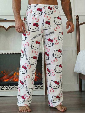 SANRIO بنطلون بيجاما رجالي أسود السفلي مع طبعة هالو كيتي، ساندريو ذو ساق مستقيمة لتنكر الأنمي، للخريف/الشتاء