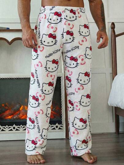 SANRIO بنطلون بيجاما رجالي أسود السفلي مع طبعة هالو كيتي، ساندريو ذو ساق مستقيمة لتنكر الأنمي، للخريف/الشتاء