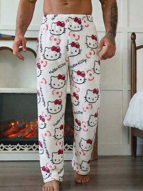 SANRIO بنطلون بيجاما رجالي أسود السفلي مع طبعة هالو كيتي، ساندريو ذو ساق مستقيمة لتنكر الأنمي، للخريف/الشتاء