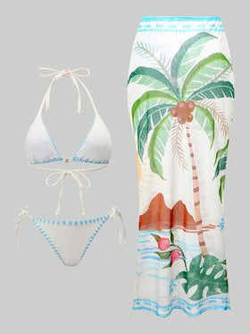 Swim Oasis 3 قطع مجموعة بيكيني مطبوعة مع ربطة أمامية، مزينة بزخرفة معدنية أمامية، ملابس استجمام لرحلات الشاطئ والنوادي البحرية، ملابس شاطئ، تنورة شاطئ مجموعة