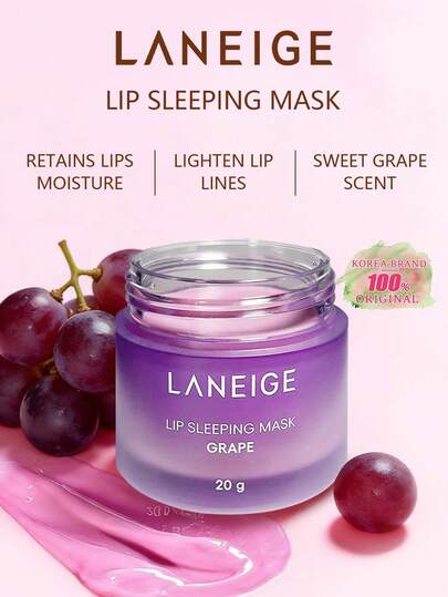 Laneige قناع شفاه نوم العنب 20 جرام، إصلاح مكثف طوال الليل، ترطيب عميق، تقليل خطوط الشفاه، تحسين الشفاه الجافة والمتقشرة. مثرى بفيتامين سي ومضادات الأكسدة لتنقية لون الشفاه. يحافظ على الرطوبة والمغذيات، ويمنع فقدان الرطوبة أثناء الليل. ملمس هلامي وردي، مر