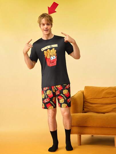 بيجامة رجالية قصيرة الأكمام مطبوعة بنقشة البطاطس المقلية المضحكة