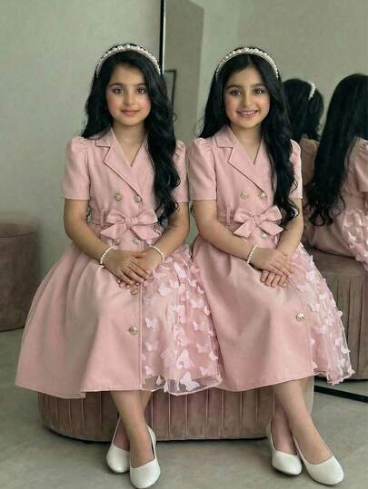 SHEIN معطف فتاة صغيرة مع طوق، أكمام طويلة، حزام، نمط شبكي بشكل فراشة على الجانب الأيسر، خيار هدية جذاب وجميل معطف فستان فراشة للبنات، فستان وردي للبنات، فستان طويل الأكمام للبنات، معطف فستان للبنات الصغيرات