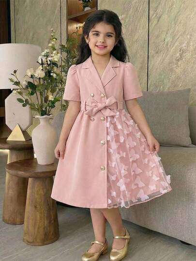 SHEIN معطف فتاة صغيرة مع طوق، أكمام طويلة، حزام، نمط شبكي بشكل فراشة على الجانب الأيسر، خيار هدية جذاب وجميل معطف فستان فراشة للبنات، فستان وردي للبنات، فستان طويل الأكمام للبنات، معطف فستان للبنات الصغيرات