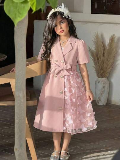 SHEIN معطف فتاة صغيرة مع طوق، أكمام طويلة، حزام، نمط شبكي بشكل فراشة على الجانب الأيسر، خيار هدية جذاب وجميل معطف فستان فراشة للبنات، فستان وردي للبنات، فستان طويل الأكمام للبنات، معطف فستان للبنات الصغيرات