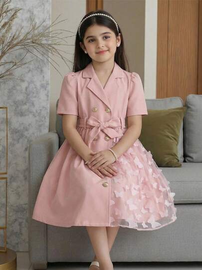 SHEIN معطف فتاة صغيرة مع طوق، أكمام طويلة، حزام، نمط شبكي بشكل فراشة على الجانب الأيسر، خيار هدية جذاب وجميل معطف فستان فراشة للبنات، فستان وردي للبنات، فستان طويل الأكمام للبنات، معطف فستان للبنات الصغيرات