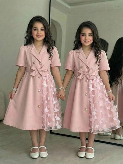 SHEIN معطف فتاة صغيرة مع طوق، أكمام طويلة، حزام، نمط شبكي بشكل فراشة على الجانب الأيسر، خيار هدية جذاب وجميل معطف فستان فراشة للبنات، فستان وردي للبنات، فستان طويل الأكمام للبنات، معطف فستان للبنات الصغيرات