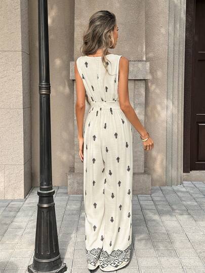 SHEIN PariChic جمبسوت نسائية جديدة بياقة عميقة على شكل حرف V بدون أكمام وخصر مشدود وطباعة وساق واسعة