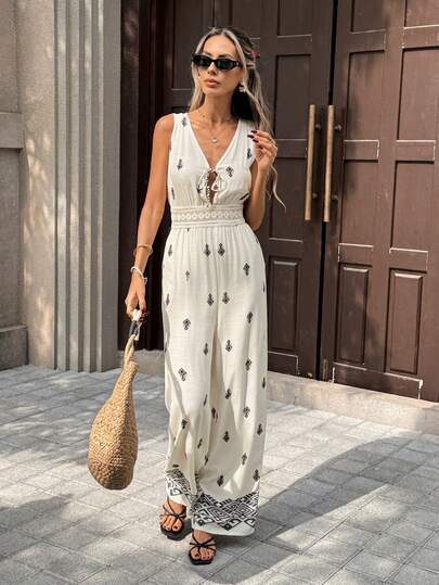 SHEIN PariChic جمبسوت نسائية جديدة بياقة عميقة على شكل حرف V بدون أكمام وخصر مشدود وطباعة وساق واسعة