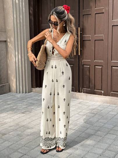 SHEIN PariChic جمبسوت نسائية جديدة بياقة عميقة على شكل حرف V بدون أكمام وخصر مشدود وطباعة وساق واسعة