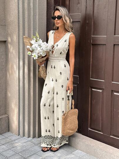 SHEIN PariChic جمبسوت نسائية جديدة بياقة عميقة على شكل حرف V بدون أكمام وخصر مشدود وطباعة وساق واسعة