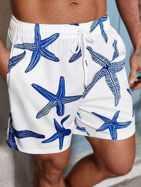 Manfinity Swimmode شورتات شاطئ للرجال ذات خصر قابل للسحب بجيوب بطبعة نجمة البحر، أشرطة السباحة المطابقة للرجال، ملابس السباحة للرجال، شورتات سباحة للرجال، شورتات السباحة للرجال مع نجمة البحر، هاواي