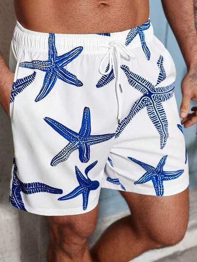 Manfinity Swimmode شورتات شاطئ للرجال ذات خصر قابل للسحب بجيوب بطبعة نجمة البحر، أشرطة السباحة المطابقة للرجال، ملابس السباحة للرجال، شورتات سباحة للرجال، شورتات السباحة للرجال مع نجمة البحر، هاواي