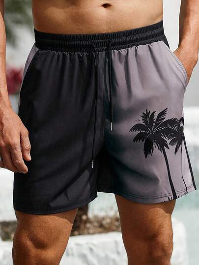 Manfinity Swimmode شورتات سباحة رجالية، طبعة ممبللة ثلاثية الأبعاد بأشجار جوز الهند، شورتات شاطئ عادية للأنشطة الخارجية، خصر بسير قابل للسحب، طبقة واحدة بدون بطانة، مثالية للأنشطة اليومية والعطلات والملابس الشاطئية، طبعة هاواي