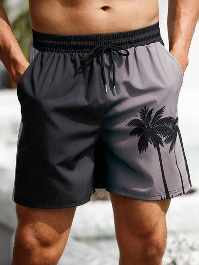 Manfinity Swimmode شورتات سباحة رجالية، طبعة ممبللة ثلاثية الأبعاد بأشجار جوز الهند، شورتات شاطئ عادية للأنشطة الخارجية، خصر بسير قابل للسحب، طبقة واحدة بدون بطانة، مثالية للأنشطة اليومية والعطلات والملابس الشاطئية، طبعة هاواي