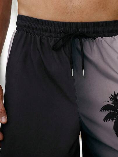 Manfinity Swimmode شورتات سباحة رجالية، طبعة ممبللة ثلاثية الأبعاد بأشجار جوز الهند، شورتات شاطئ عادية للأنشطة الخارجية، خصر بسير قابل للسحب، طبقة واحدة بدون بطانة، مثالية للأنشطة اليومية والعطلات والملابس الشاطئية، طبعة هاواي