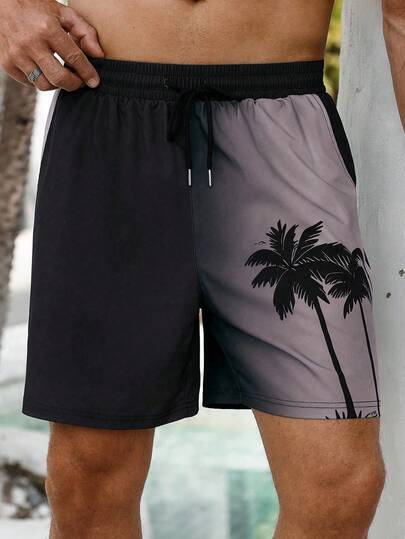 Manfinity Swimmode شورتات سباحة رجالية، طبعة ممبللة ثلاثية الأبعاد بأشجار جوز الهند، شورتات شاطئ عادية للأنشطة الخارجية، خصر بسير قابل للسحب، طبقة واحدة بدون بطانة، مثالية للأنشطة اليومية والعطلات والملابس الشاطئية، طبعة هاواي