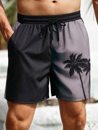 Manfinity Swimmode شورتات سباحة رجالية، طبعة ممبللة ثلاثية الأبعاد بأشجار جوز الهند، شورتات شاطئ عادية للأنشطة الخارجية، خصر بسير قابل للسحب، طبقة واحدة بدون بطانة، مثالية للأنشطة اليومية والعطلات والملابس الشاطئية، طبعة هاواي