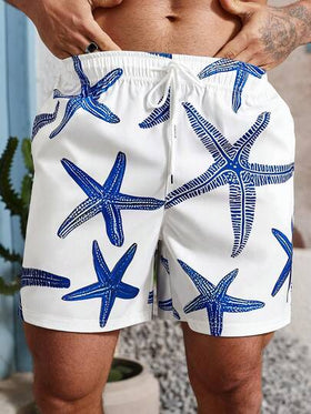 Manfinity Swimmode شورتات شاطئ للرجال ذات خصر قابل للسحب بجيوب بطبعة نجمة البحر، أشرطة السباحة المطابقة للرجال، ملابس السباحة للرجال، شورتات سباحة للرجال، شورتات السباحة للرجال مع نجمة البحر، هاواي