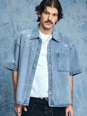 ROMWE MEN Grunge Punk قميص جينز قصير الأكمام للرجال، ذو ياقة منقلبة وأزرار فردية، متعدد الاستخدامات للارتداء اليومي